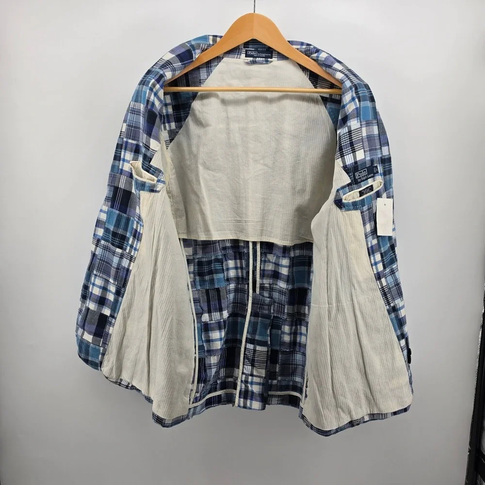 Polo Ralph Lauren Mens Blue Patchwork Madras Plaid Blazer Sport Coat Large NWT